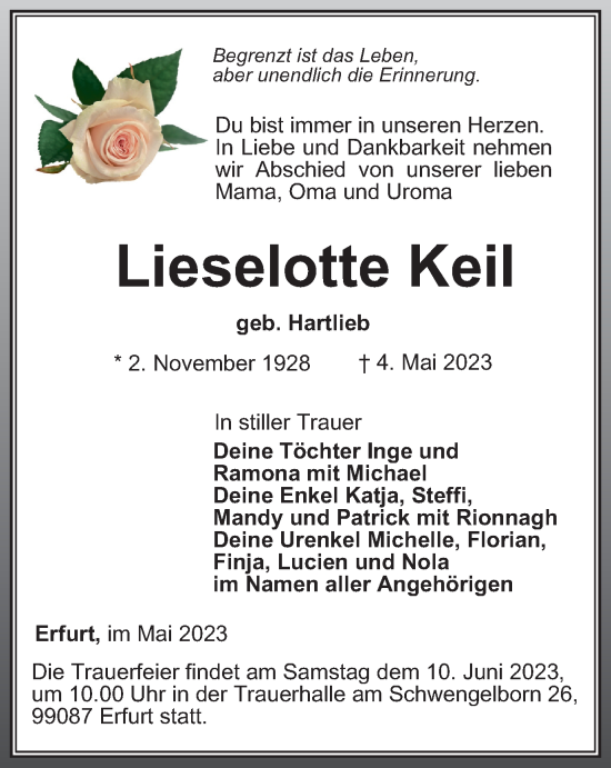 Traueranzeige von Lieselotte Keil von Thüringer Allgemeine, Thüringische Landeszeitung