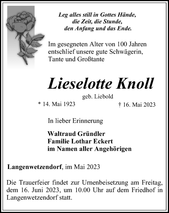 Traueranzeige von Lieselotte Knoll von Ostthüringer Zeitung