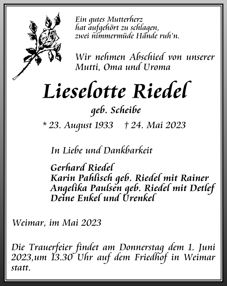  Traueranzeige für Lieselotte Riedel vom 27.05.2023 aus Thüringer Allgemeine, Thüringische Landeszeitung