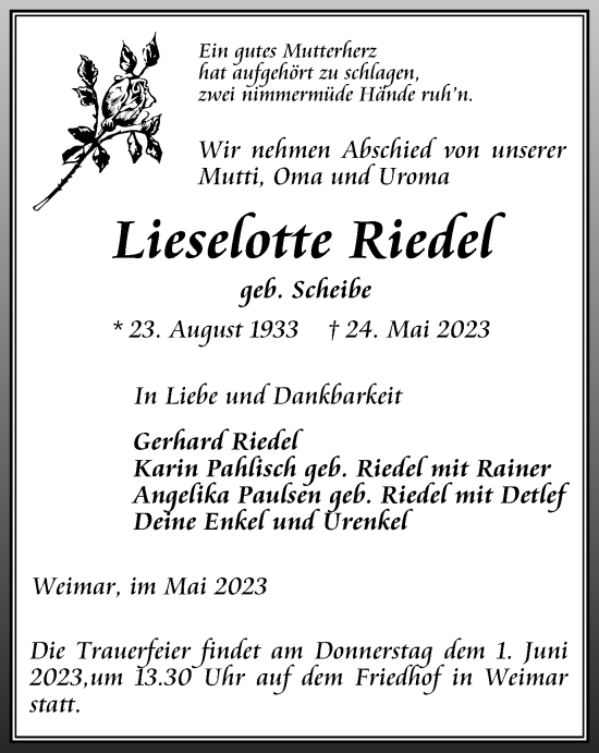 Traueranzeige von Lieselotte Riedel von Thüringer Allgemeine, Thüringische Landeszeitung