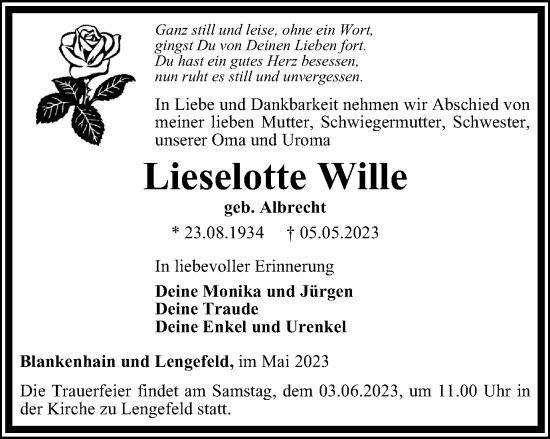 Traueranzeige von Lieselotte Wille von Thüringer Allgemeine, Thüringische Landeszeitung