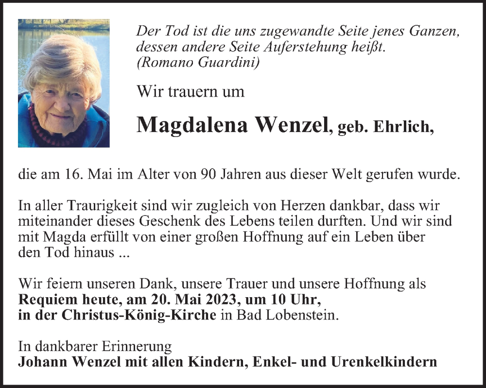  Traueranzeige für Magdalena Wenzel vom 20.05.2023 aus Ostthüringer Zeitung
