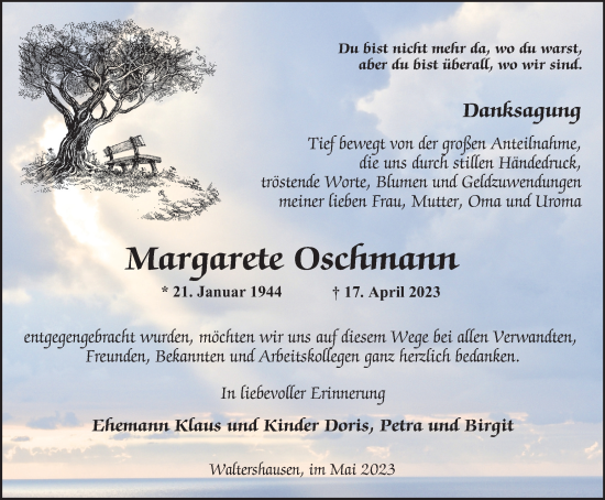 Traueranzeige von Margarete Oschmann von Thüringer Allgemeine, Thüringische Landeszeitung