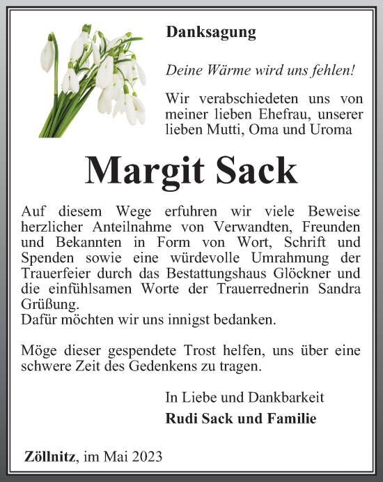 Traueranzeige von Margit Sack von Ostthüringer Zeitung, Thüringische Landeszeitung