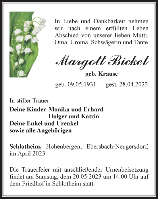 Traueranzeige von Margott Bickel von Thüringer Allgemeine, Thüringische Landeszeitung