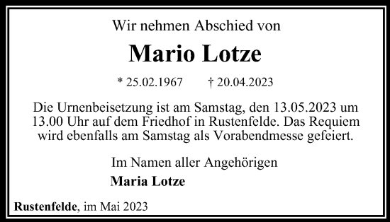 Traueranzeige von Mario Lotze von Thüringer Allgemeine