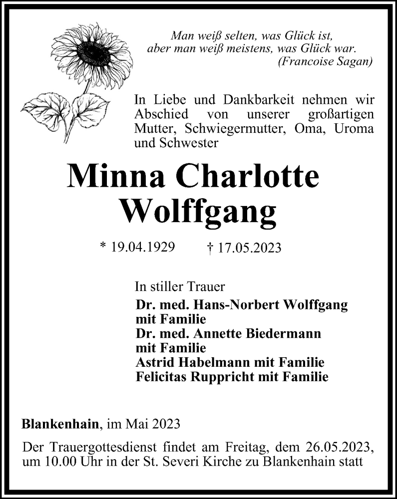  Traueranzeige für Minna Charlotte Wolffgang vom 20.05.2023 aus Thüringer Allgemeine, Thüringische Landeszeitung