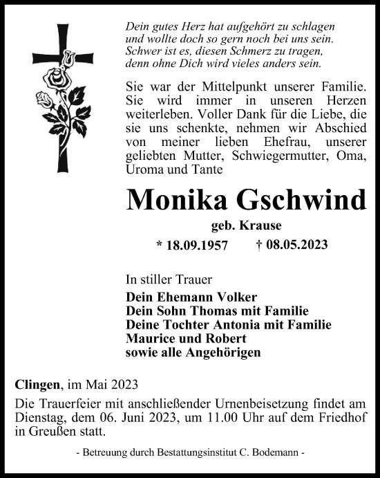 Traueranzeige von Monika Gschwind