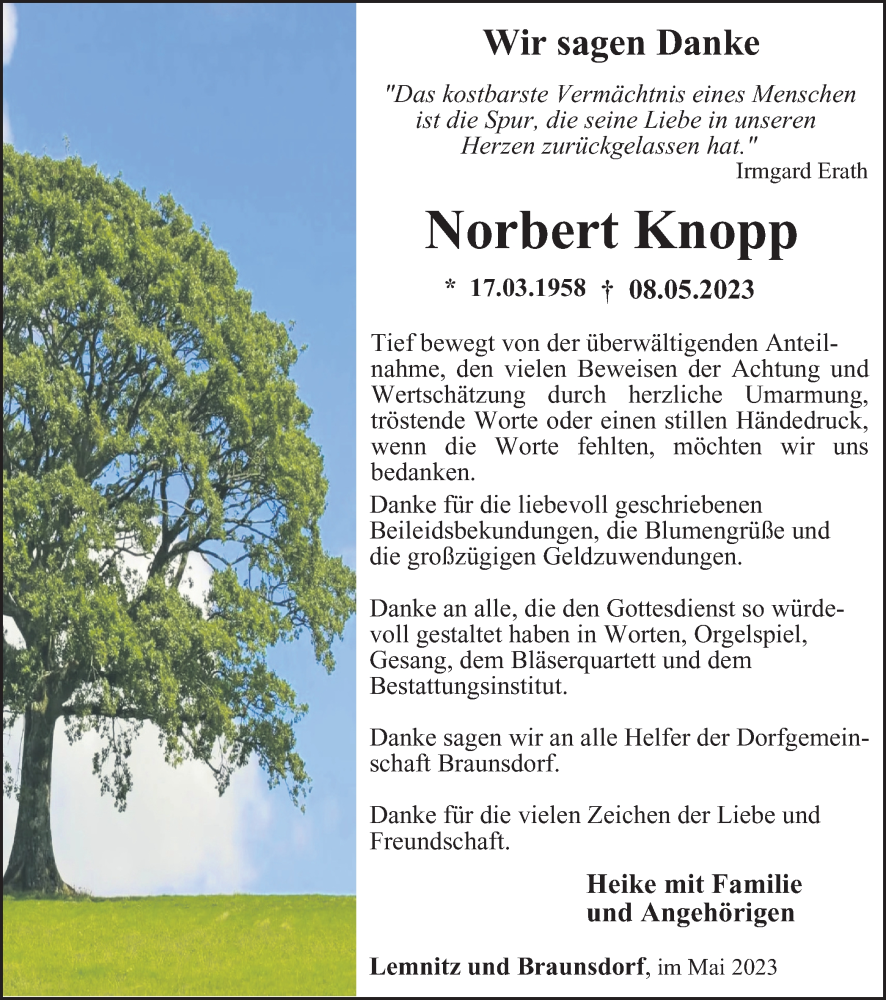  Traueranzeige für Norbert Knopp vom 27.05.2023 aus Ostthüringer Zeitung