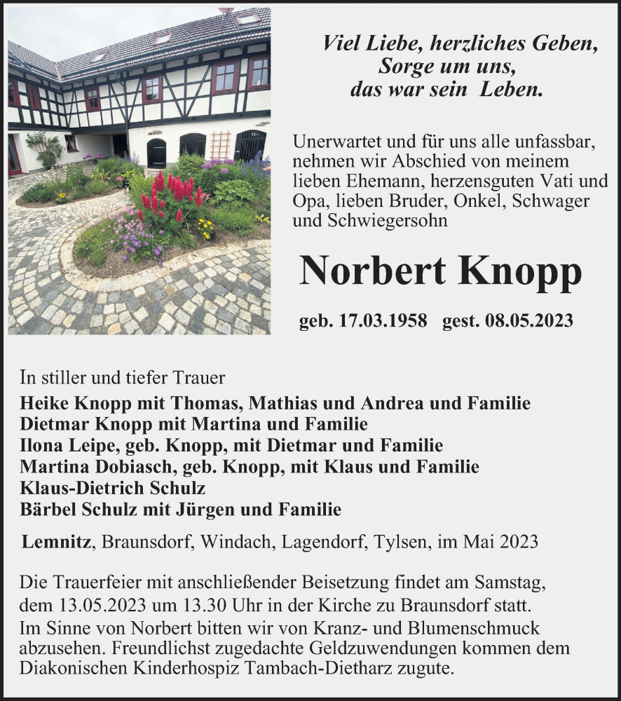  Traueranzeige für Norbert Knopp vom 11.05.2023 aus Ostthüringer Zeitung