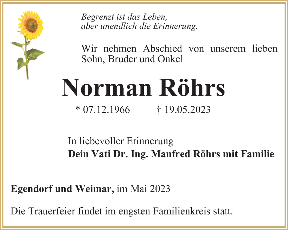  Traueranzeige für Norman Röhrs vom 27.05.2023 aus Thüringer Allgemeine, Thüringische Landeszeitung