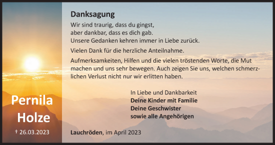 Traueranzeige von Pernila Holze von Thüringer Allgemeine, Thüringische Landeszeitung