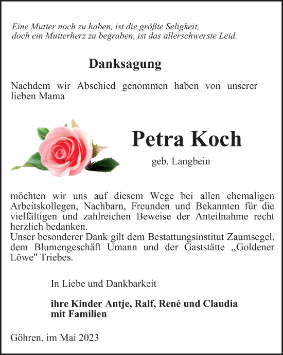 Traueranzeige von Petra Koch von Ostthüringer Zeitung