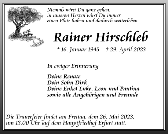 Traueranzeige von Rainer Hirschleb