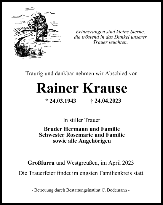 Traueranzeige von Rainer Krause von Thüringer Allgemeine