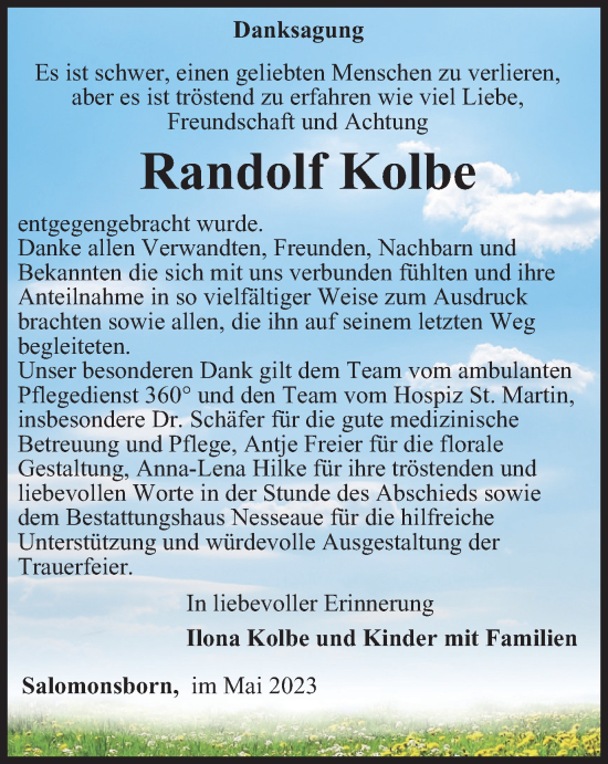 Traueranzeige von Randolf Kolbe von Thüringer Allgemeine, Thüringische Landeszeitung