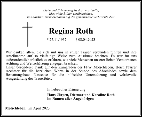 Traueranzeige von Regina Roth von Thüringer Allgemeine, Thüringische Landeszeitung