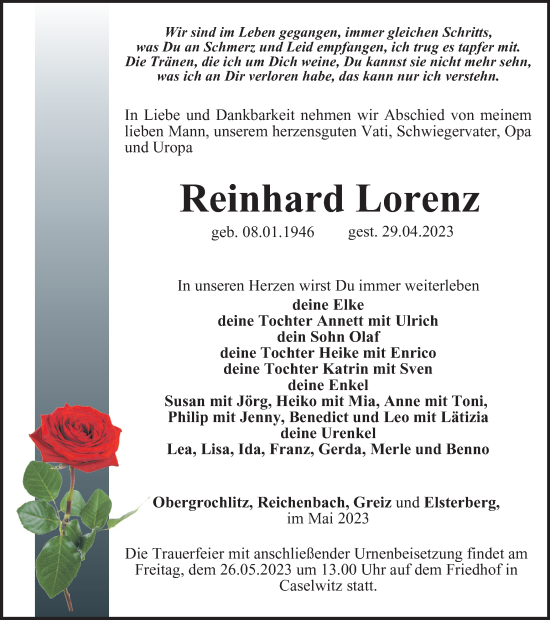 Traueranzeige von Reinhard Lorenz von Ostthüringer Zeitung