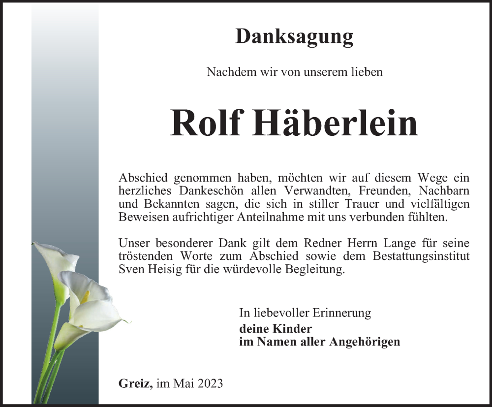  Traueranzeige für Rolf Häberlein vom 19.05.2023 aus Ostthüringer Zeitung