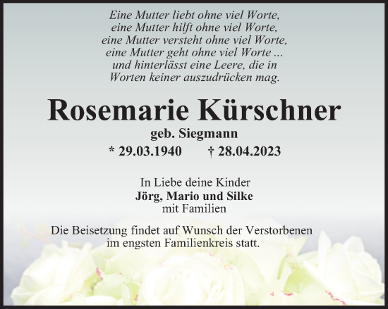 Traueranzeige von Rosemarie Kürschner von Thüringer Allgemeine, Thüringische Landeszeitung