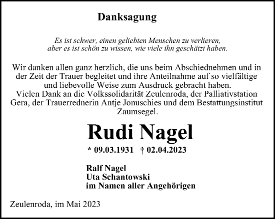 Traueranzeige von Rudi Nagel von Ostthüringer Zeitung