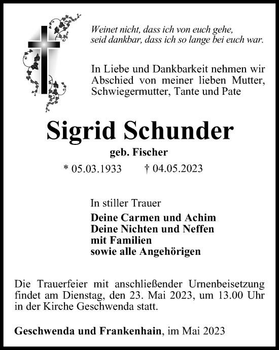 Traueranzeige von Sigrid Schunder von Thüringer Allgemeine