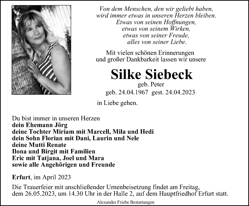  Traueranzeige für Silke Siebeck vom 13.05.2023 aus Thüringer Allgemeine, Thüringische Landeszeitung