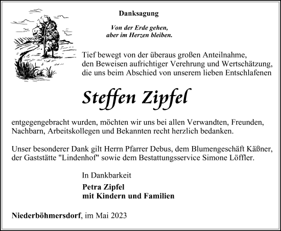 Traueranzeige von Steffen Zipfel von Ostthüringer Zeitung