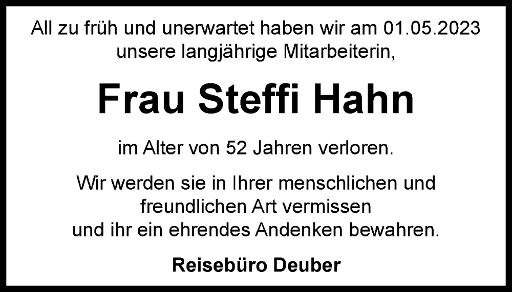  Traueranzeige für Steffi Hahn vom 27.05.2023 aus Thüringer Allgemeine