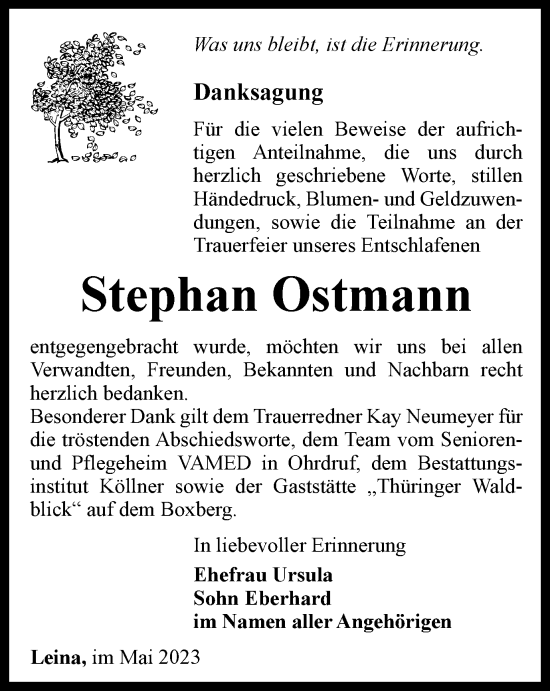 Traueranzeige von Stephan Ostmann von Thüringer Allgemeine, Thüringische Landeszeitung