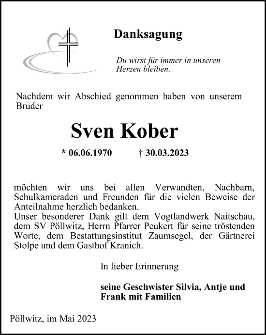 Traueranzeige von Sven Kober von Ostthüringer Zeitung