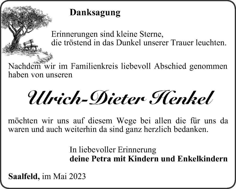  Traueranzeige für Ulrich-Dieter Henkel vom 20.05.2023 aus Ostthüringer Zeitung