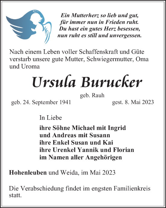 Traueranzeige von Ursula Burucker von Ostthüringer Zeitung
