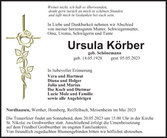 Traueranzeige von Ursula Körber von Thüringer Allgemeine