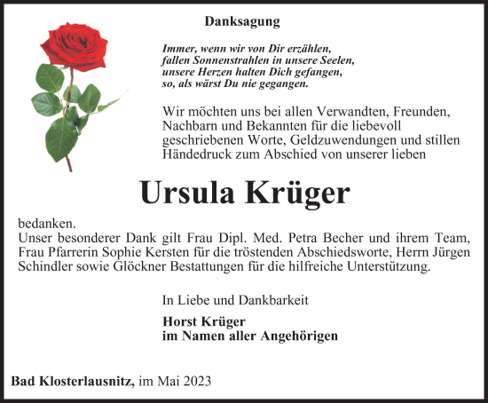 Traueranzeige von Ursula Krüger von Ostthüringer Zeitung