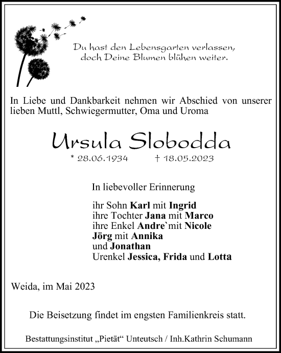 Traueranzeige von Ursula Slobodda von Ostthüringer Zeitung