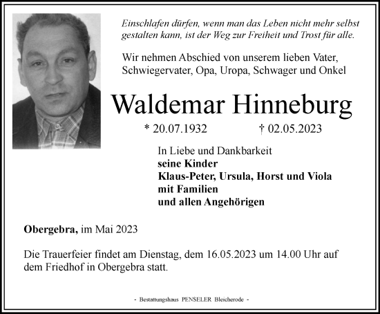 Traueranzeige von Waldemar Hinneburg von Thüringer Allgemeine