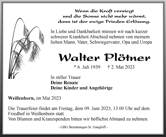 Traueranzeige von Walter Plötner von Ostthüringer Zeitung