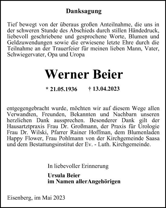 Traueranzeige von Werner Beier von Ostthüringer Zeitung