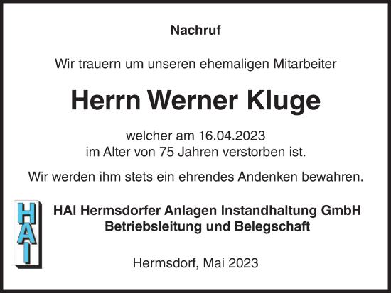 Traueranzeige von Werner Kluge von Ostthüringer Zeitung