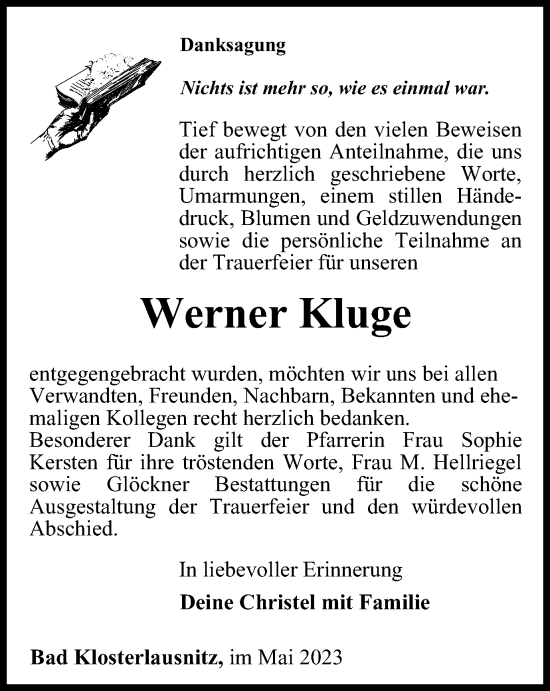 Traueranzeige von Werner Kluge von Ostthüringer Zeitung