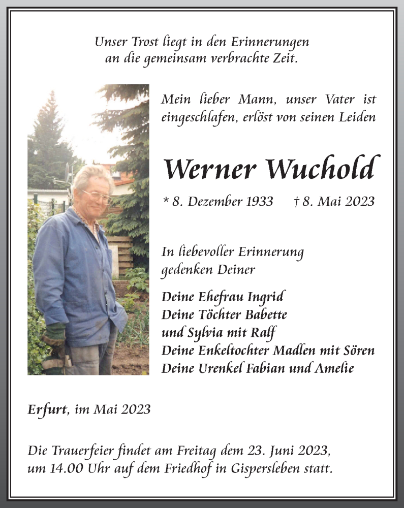  Traueranzeige für Werner Wuchold vom 27.05.2023 aus Thüringer Allgemeine, Thüringische Landeszeitung