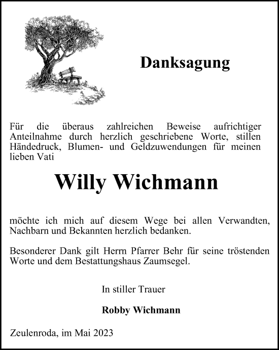 Traueranzeige von Willy Wichmann von Ostthüringer Zeitung