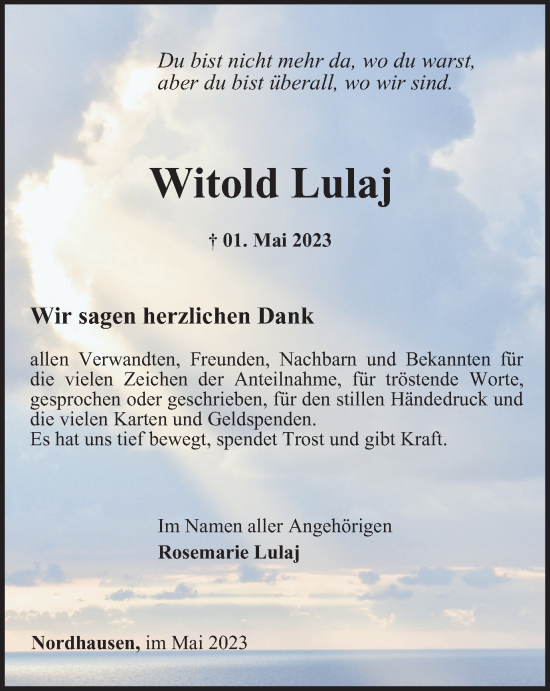 Traueranzeige von Witold Lulaj von Thüringer Allgemeine