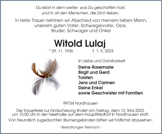 Traueranzeige von Witold Lulaj von Thüringer Allgemeine