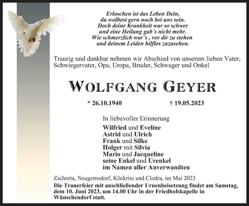  Traueranzeige für Wolfgang Geyer vom 27.05.2023 aus Ostthüringer Zeitung