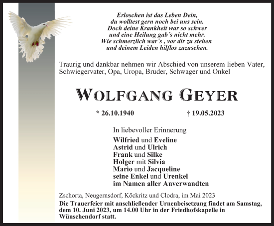 Traueranzeige von Wolfgang Geyer von Ostthüringer Zeitung