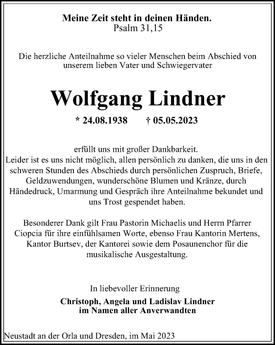 Traueranzeige von Wolfgang Lindner