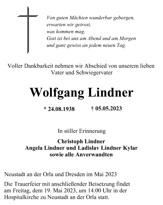 Traueranzeige von Wolfgang Lindner