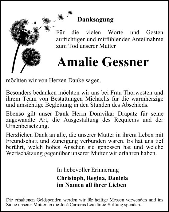 Traueranzeige von Amalie Gessner von Thüringer Allgemeine, Thüringische Landeszeitung